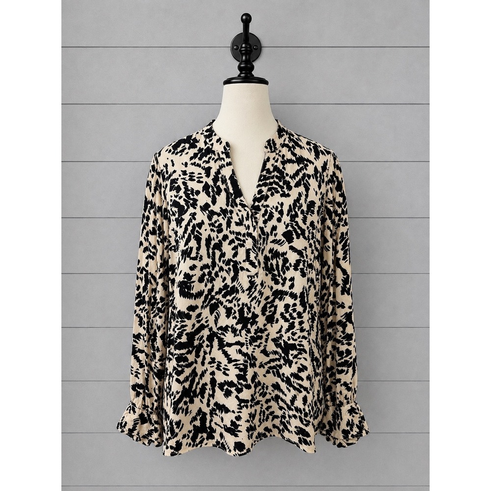 AnyBody Woven Crepe Blouse Ruffle Cuffs Cream Black Abstract Size Large A668131